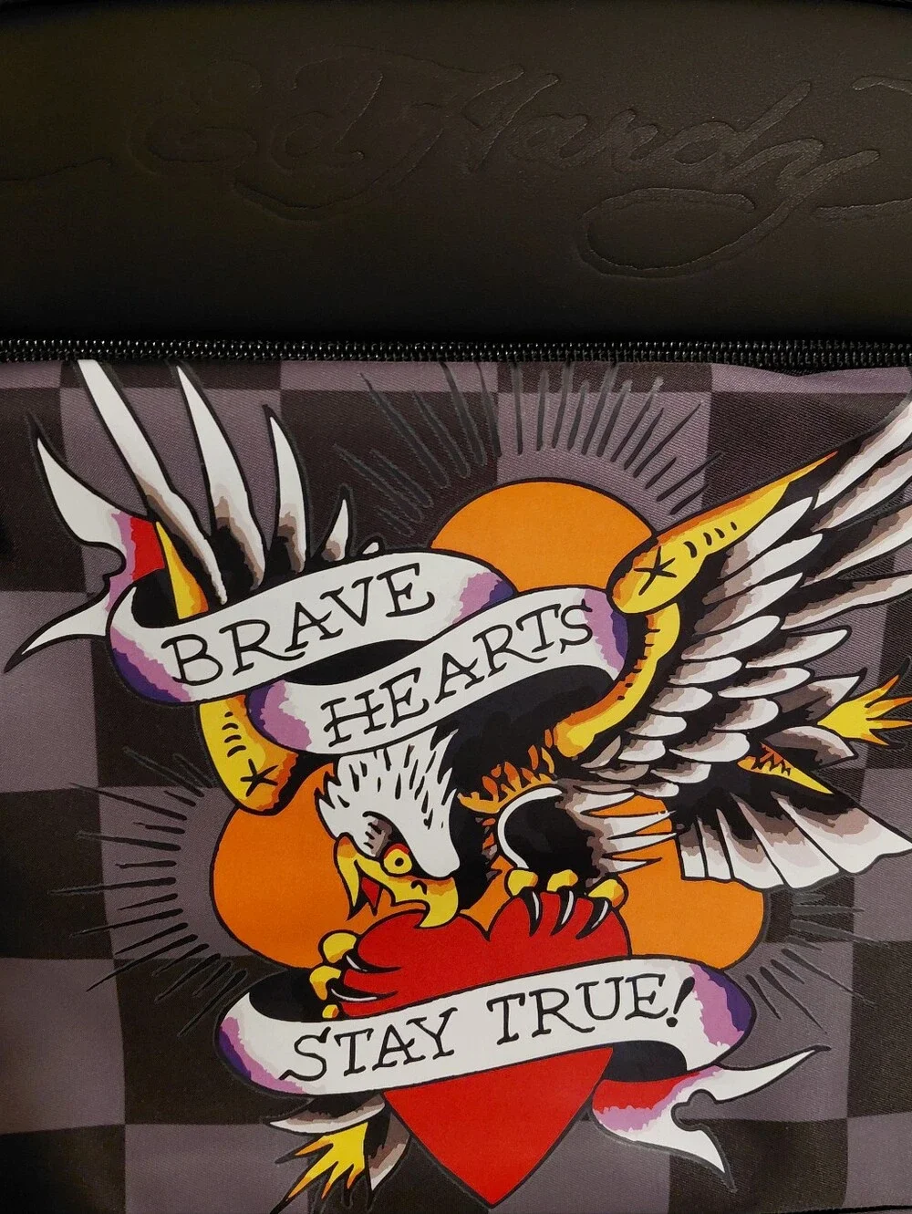 Ed Hardy Checkered Y2K Inspired Brave Hearts Stay True Decal Full Sized Backpack